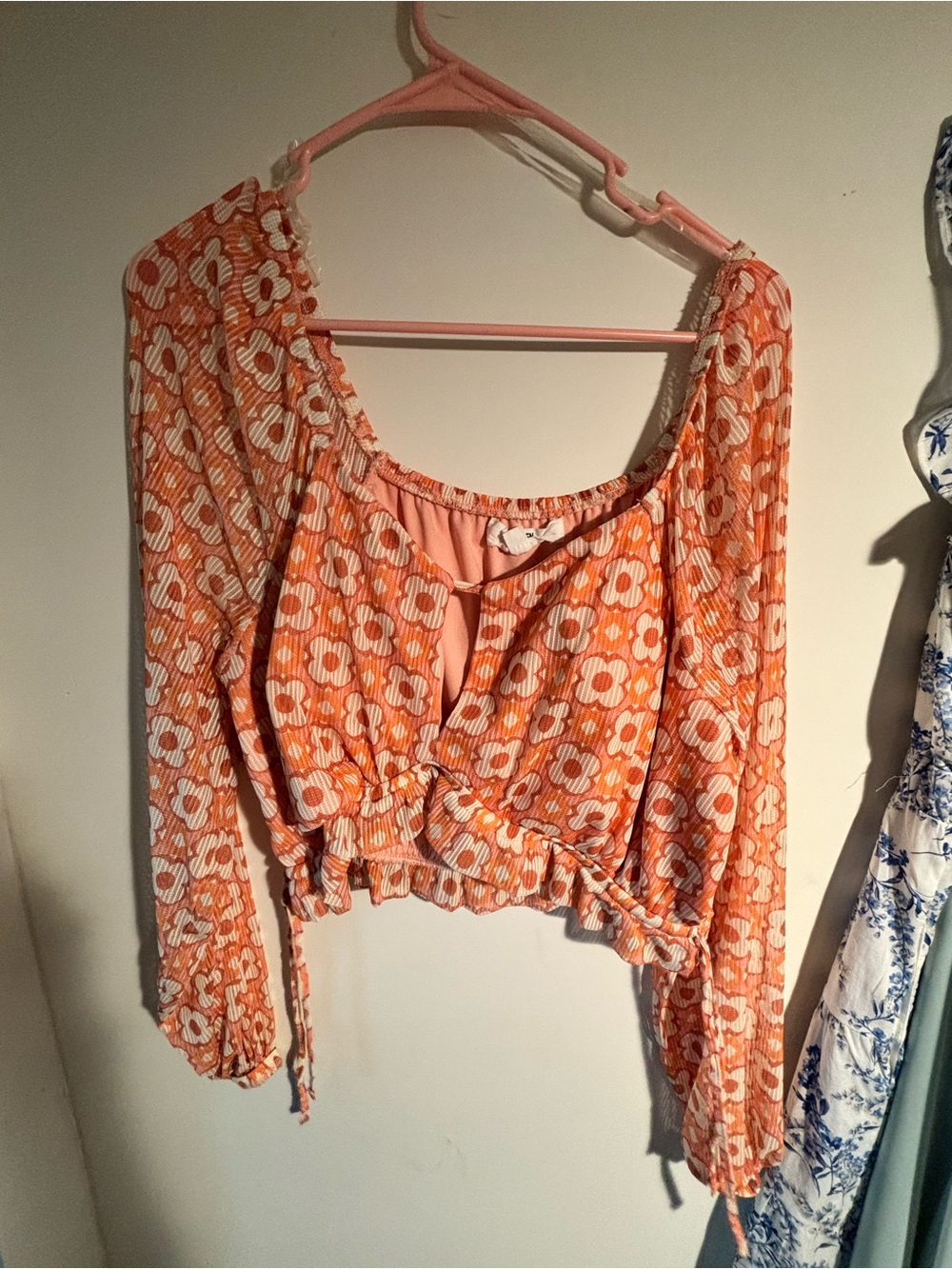 Floral Orange Peasant Crop Top with Long Sleeves